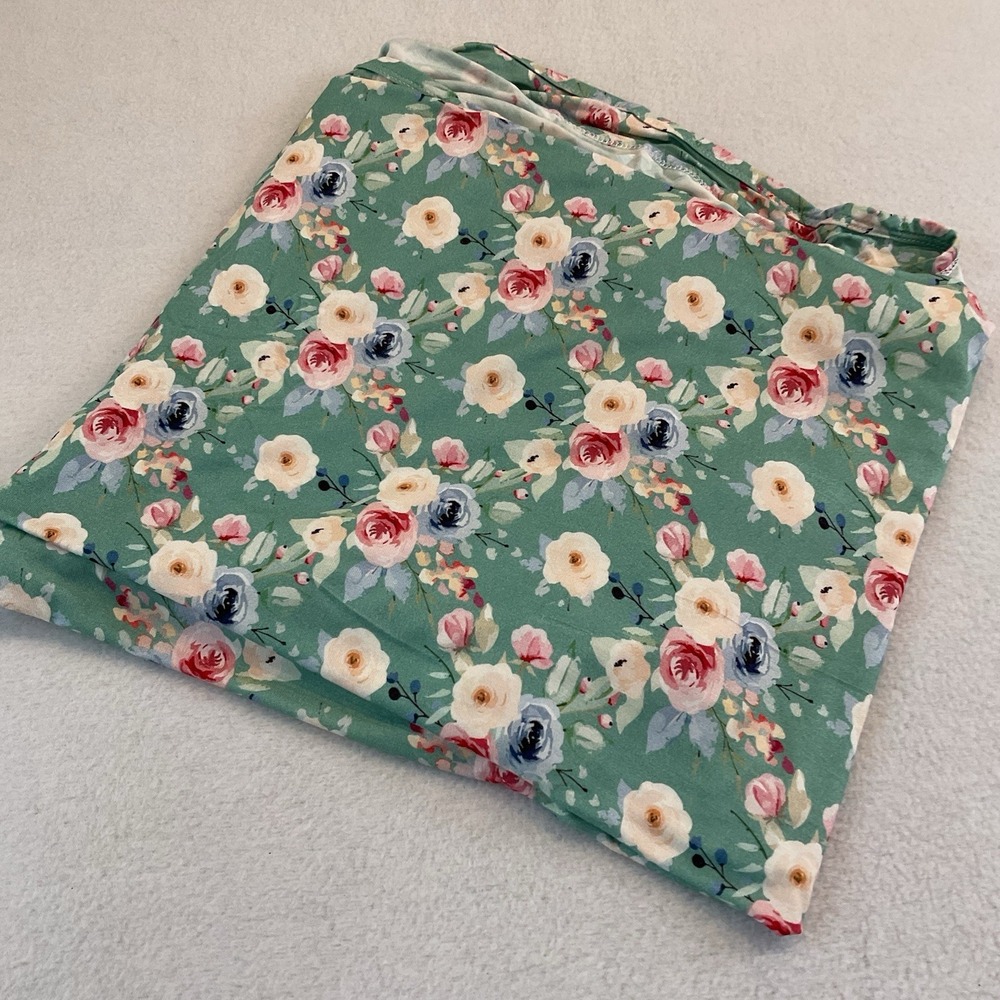Aubrey Gianna Bamboo Baby Blanket Swaddle Sage Green Floral Knit Pink Blue Cream